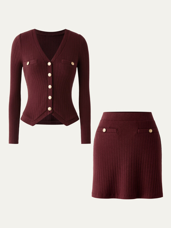 2Pcs Set Button-Down Slim Cardigan & Wide Rib Mini Skirt Ancora